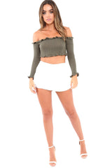 Khaki Knitted Bardot Frill Crop Top - Kesia-Crop Tops