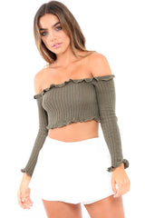 Khaki Knitted Bardot Frill Crop Top - Kesia-Crop Tops