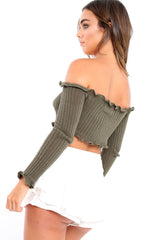 Khaki Knitted Bardot Frill Crop Top - Kesia-Crop Tops