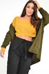 Khaki Knitted Longline Bobble Cardigan - Annette-Knitwear