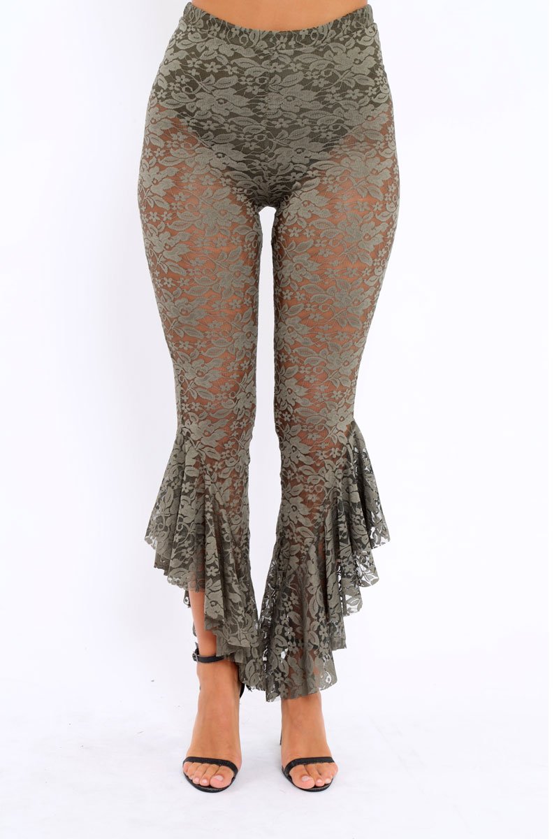 Khaki Lace Dip Hem Trousers - Fion-Trousers
