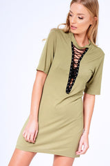 Khaki Lace Up Choker T-Shirt Dress - Brooklynn-Dresses