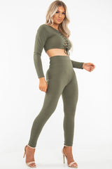 Khaki Lace Up Rib Crop Top Trousers Loungewear Set - Jesi-Loungewear