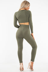 Khaki Lace Up Rib Crop Top Trousers Loungewear Set - Jesi-Loungewear