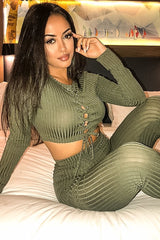 Khaki Lace Up Rib Crop Top Trousers Loungewear Set - Jesi-Loungewear