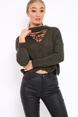 Khaki Lace up Jumper - Deena-Jumper