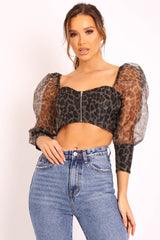 Khaki Leopard Mesh Puff Sleeve Crop Top - Miri-Crop Tops