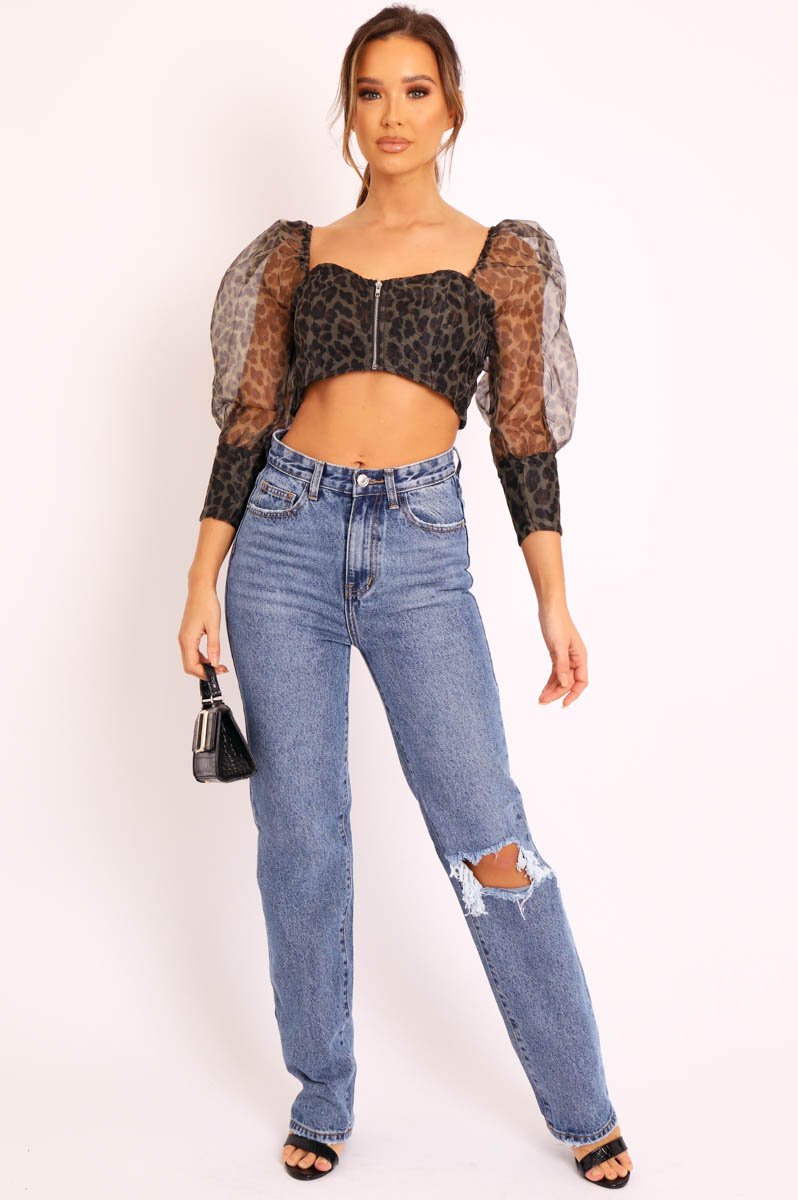 Khaki Leopard Mesh Puff Sleeve Crop Top - Miri-Crop Tops