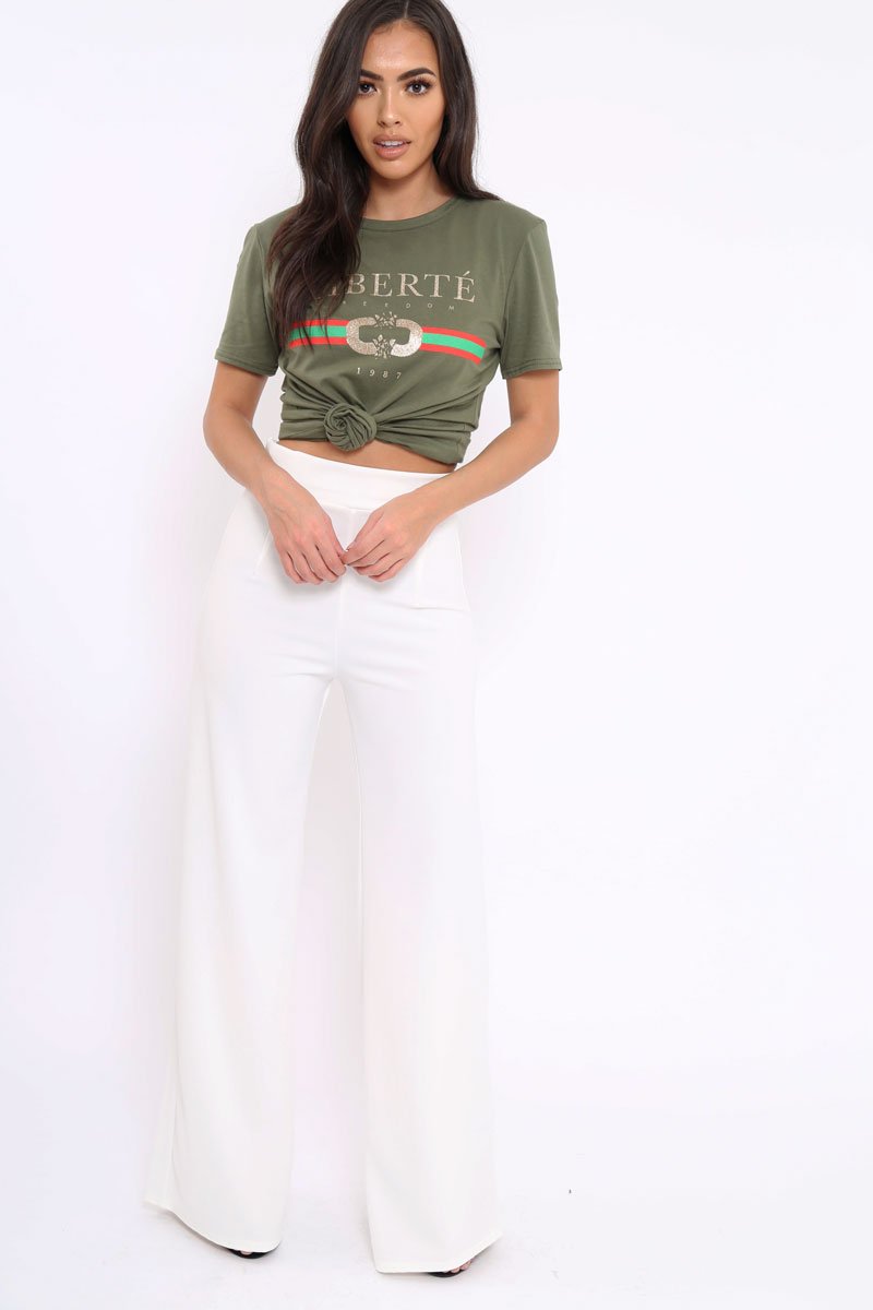 Khaki Liberte Slogan T-shirt - Eleanor-Tops