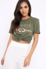 Khaki Liberte Slogan T-shirt - Eleanor-Tops