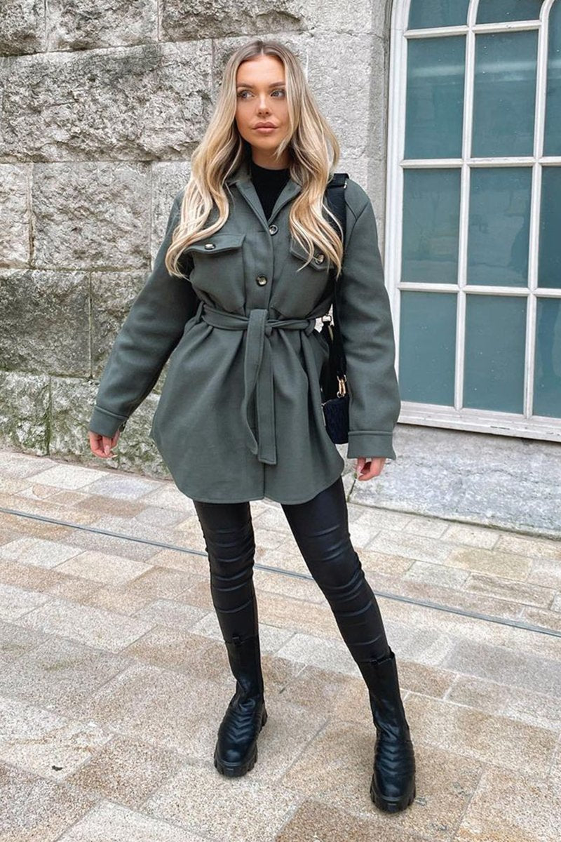 Khaki Long Belted Shacket - Maryah-Shacket