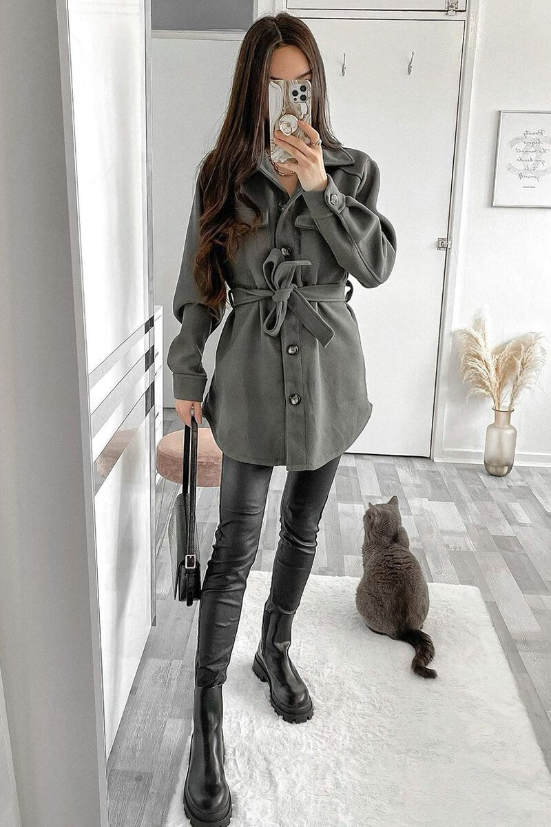 Khaki Long Belted Shacket - Maryah-Shacket