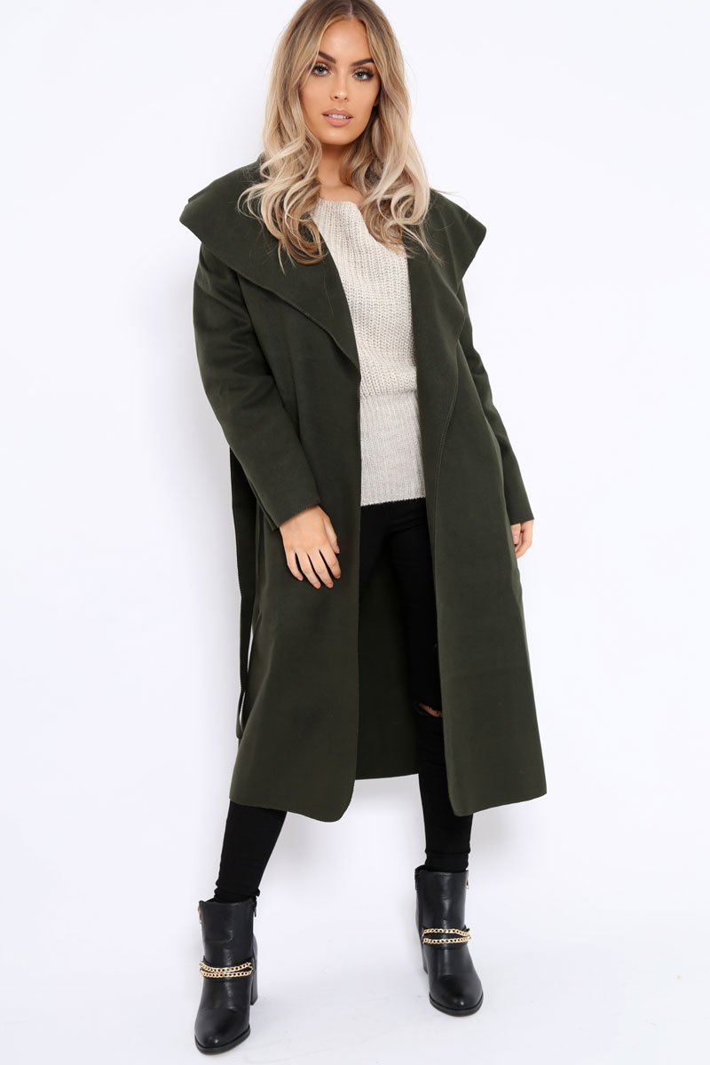 Khaki Long Length Waterfall Belted Coat - Cindy-Coats