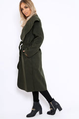 Khaki Long Length Waterfall Belted Coat - Cindy-Coats