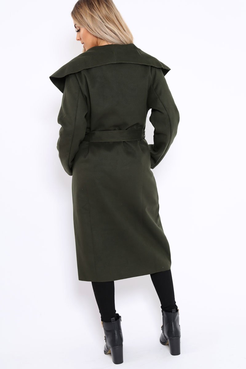 Khaki Long Length Waterfall Belted Coat - Cindy-Coats