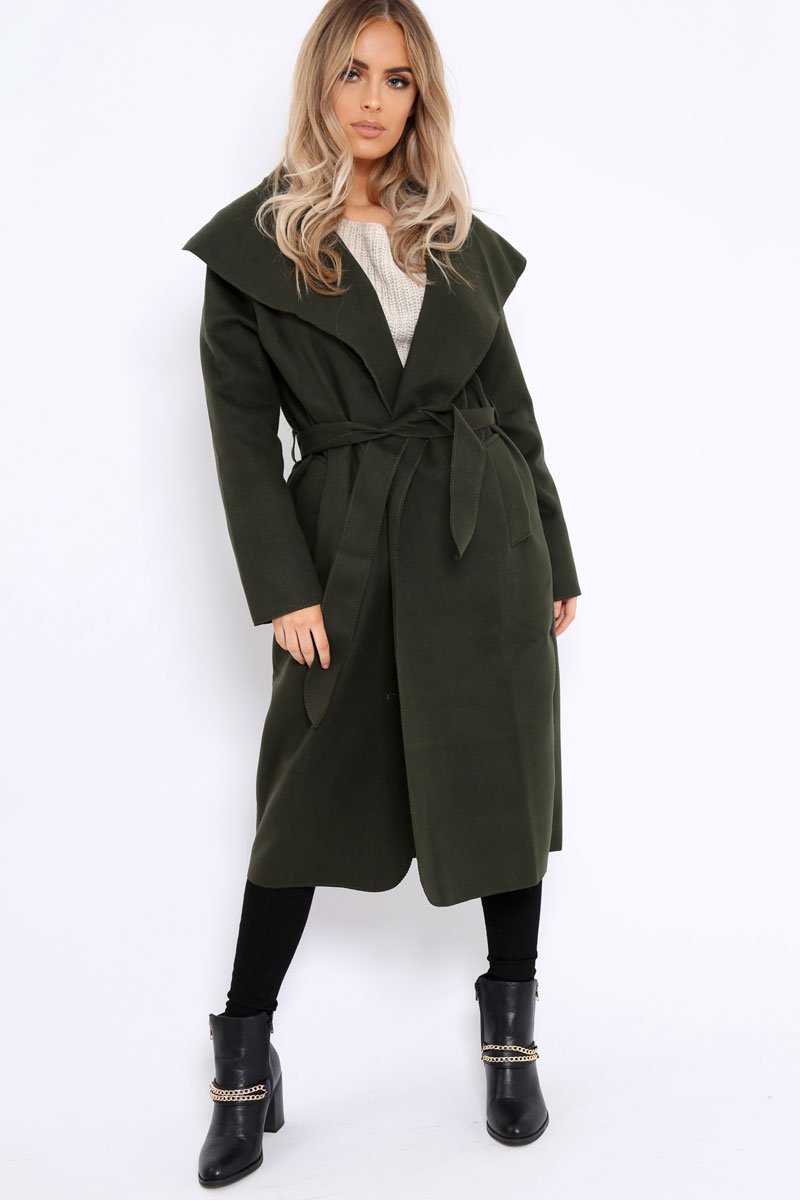 Khaki Long Length Waterfall Belted Coat - Cindy-Coats