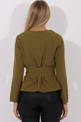 Khaki Long Sleeve Tie Detail Top - Shea-Tops