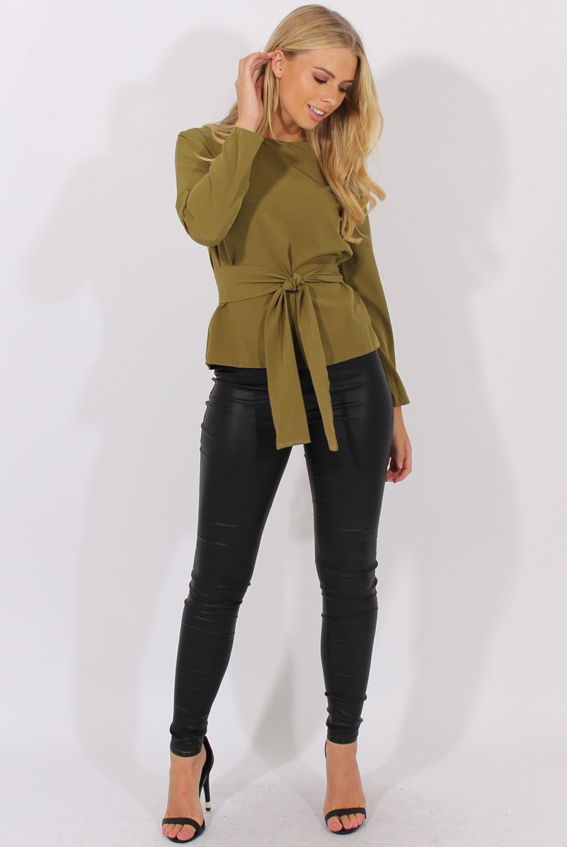 Khaki Long Sleeve Tie Detail Top - Shea-Tops