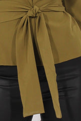 Khaki Long Sleeve Tie Detail Top - Shea-Tops