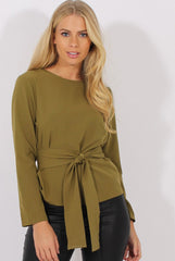 Khaki Long Sleeve Tie Detail Top - Shea-Tops