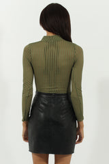 Khaki Mesh Airtex Long Sleeve Bodysuit - Halley-Bodysuits