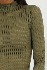 Khaki Mesh Airtex Long Sleeve Bodysuit - Halley-Bodysuits