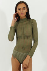 Khaki Mesh Airtex Long Sleeve Bodysuit - Halley-Bodysuits
