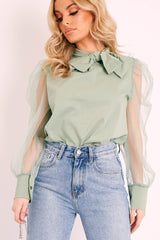 Khaki Mesh Sleeve Bow Neck Blouse - Adelin-Tops