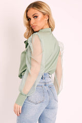 Khaki Mesh Sleeve Bow Neck Blouse - Adelin-Tops