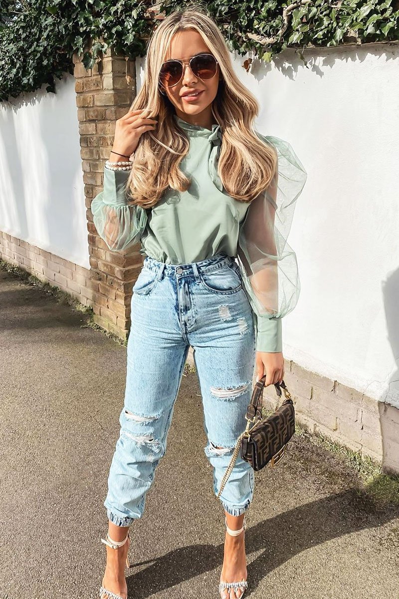 Khaki Mesh Sleeve Bow Neck Blouse - Adelin-Tops