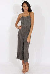 Khaki Metallic Pleated Cropped Jumpsuit - Arabella-Jumpsuits