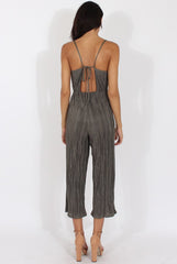 Khaki Metallic Pleated Cropped Jumpsuit - Arabella-Jumpsuits