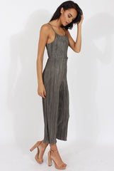 Khaki Metallic Pleated Cropped Jumpsuit - Arabella-Jumpsuits