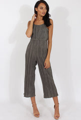 Khaki Metallic Pleated Cropped Jumpsuit - Arabella-Jumpsuits