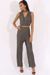 Khaki Metallic Pleated High Neck Cut Out Crop Top - Polly-Crop Tops