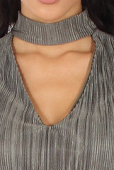 Khaki Metallic Pleated High Neck Cut Out Crop Top - Polly-Crop Tops