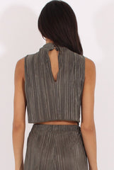 Khaki Metallic Pleated High Neck Cut Out Crop Top - Polly-Crop Tops
