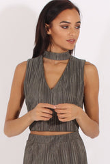 Khaki Metallic Pleated High Neck Cut Out Crop Top - Polly-Crop Tops