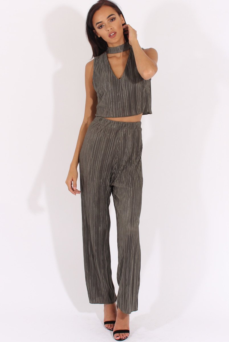 Khaki Metallic Pleated High Waisted Trousers - Phoebe-Trousers