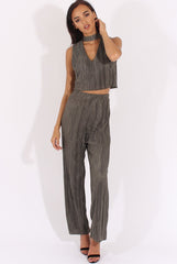 Khaki Metallic Pleated High Waisted Trousers - Phoebe-Trousers