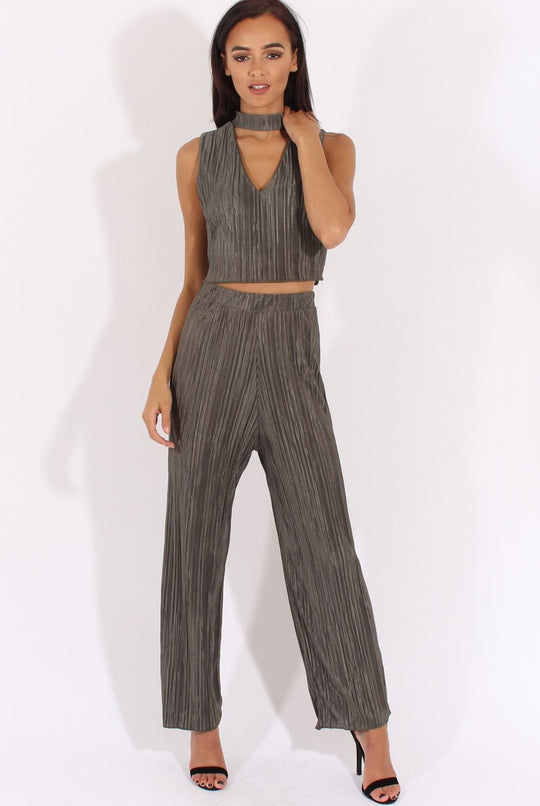 Khaki Metallic Pleated High Waisted Trousers - Phoebe