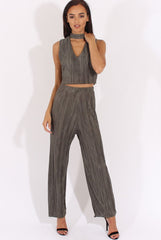 Khaki Metallic Pleated High Waisted Trousers - Phoebe-Trousers