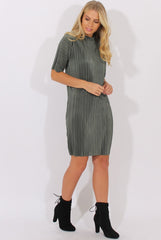 Khaki Metallic Pleated Short Sleeve Midi Dress - Kitty-Dresses