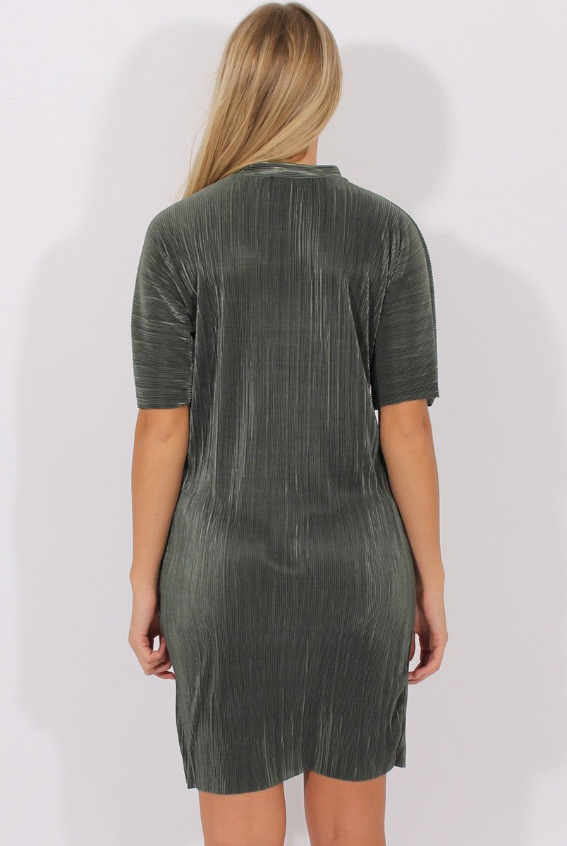 Khaki Metallic Pleated Short Sleeve Midi Dress - Kitty-Dresses