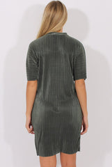 Khaki Metallic Pleated Short Sleeve Midi Dress - Kitty-Dresses