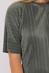 Khaki Metallic Pleated Short Sleeve Midi Dress - Kitty-Dresses