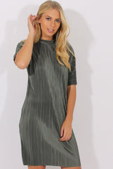 Khaki Metallic Pleated Short Sleeve Midi Dress - Kitty-Dresses