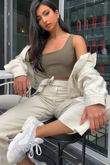 Khaki One Shouldered Crop Top - Kamri-Crop Tops