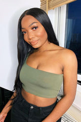 Khaki One Shouldered Crop Top - Kamri-Crop Tops