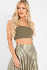 Khaki One Shouldered Crop Top - Kamri-Crop Tops